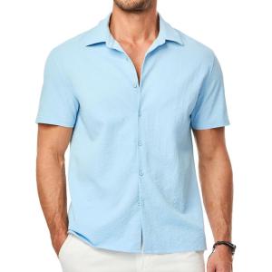 JMIERR Men’s Seersucker Shirts Short Sleeve Casual Button Down Shirt Beach Summer Vacation Wedding Tops(Sky Blue)