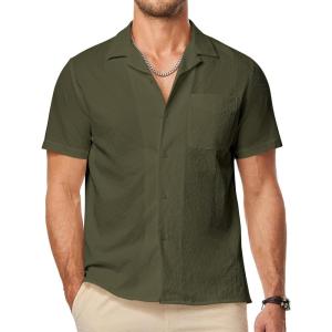 JMIERR Men’s Seersucker Shirts Short Sleeve Casual Shirts Button Down Shirt Beach Summer Vacation Wedding Shirt(Jungle Green)