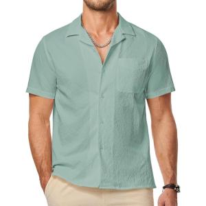 JMIERR Men’s Seersucker Shirts Short Sleeve Casual Shirts Button Down Shirt Beach Summer Vacation Wedding Shirt(Light Green)