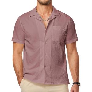 JMIERR Men’s Seersucker Shirts Short Sleeve Casual Shirts Button Down Shirt Beach Summer Vacation Wedding Shirt(Rose)