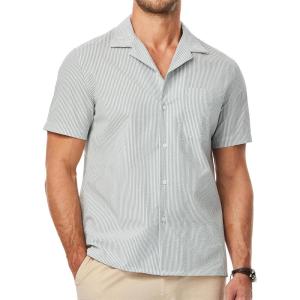 JMIERR Men’s Seersucker Shirts Short Sleeve Casual Shirts Button Down Shirt Beach Summer Vacation Wedding Shirt(Striped-green)