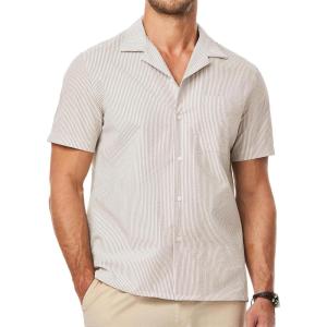 JMIERR Men’s Seersucker Shirts Short Sleeve Casual Shirts Button Down Shirt Beach Summer Vacation Wedding Shirt(Striped-khaki)