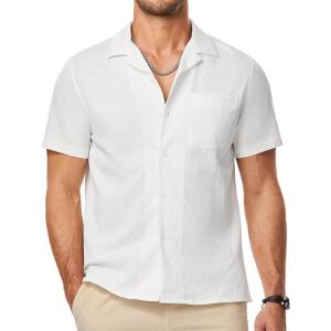 JMIERR Men’s Seersucker Shirts Short Sleeve Casual Shirts Button Down Shirt Beach Summer Vacation Wedding Shirt(White)