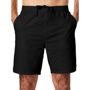 JMIERR Mens Seersucker Shorts Casual Stretch Elastic Waist Drawstring Summer Beach Short 7 inch Inseam with Pockets(Black)