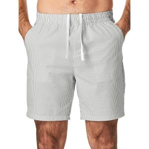 JMIERR Mens Seersucker Shorts Casual Stretch Elastic Waist Drawstring Summer Beach Short 7 inch Inseam with Pockets(Green Stripe)