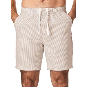 JMIERR Mens Seersucker Shorts Casual Stretch Elastic Waist Drawstring Summer Beach Short 7 inch Inseam with Pockets(Khaki Stripe)