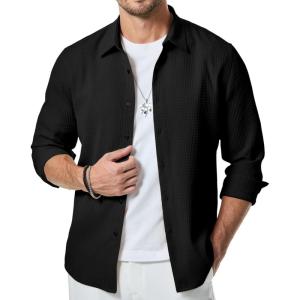 JMIERR Mens Shirt Waffle Button Down Shirts Long Sleeve Casual Work Dress Shirt(0 Black)