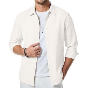 JMIERR Mens Shirt Waffle Button Down Shirts Long Sleeve Casual Work Dress Shirt(0 White)