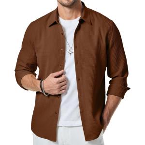 JMIERR Mens Shirt Waffle Button Down Shirts Long Sleeve Casual Work Dress Shirt(B Brown)