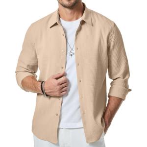 JMIERR Mens Shirt Waffle Button Down Shirts Long Sleeve Casual Work Dress Shirt(C Light Beige)