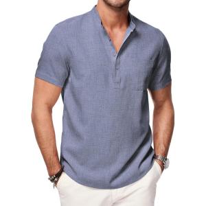 JMIERR Mens Short Sleeve Linen Henley Shirts Casual Button Down Shirt Summer Beach Wear with Pocket(Dirty Blue)