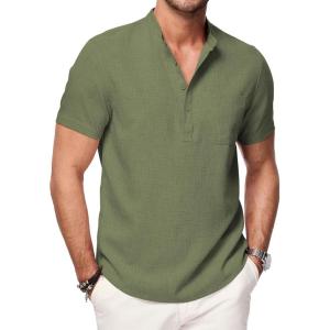 JMIERR Mens Short Sleeve Linen Henley Shirts Casual Button Down Shirt Summer Beach Wear with Pocket(Four Leaf Clover)