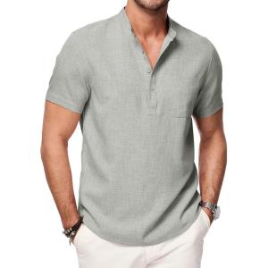 JMIERR Mens Short Sleeve Linen Henley Shirts Casual Button Down Shirt Summer Beach Wear with Pocket(Laurel Green)