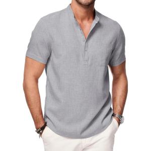 JMIERR Mens Short Sleeve Linen Henley Shirts Casual Button Down Shirt Summer Beach Wear with Pocket(Light Grey)