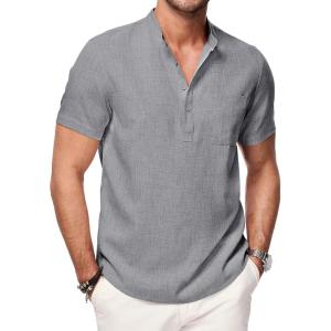 JMIERR Mens Short Sleeve Linen Henley Shirts Casual Button Down Shirt Summer Beach Wear with Pocket(Medium Grey)