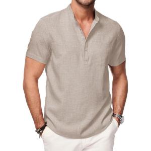 JMIERR Mens Short Sleeve Linen Henley Shirts Casual Button Down Shirt Summer Beach Wear with Pocket(Parchment)