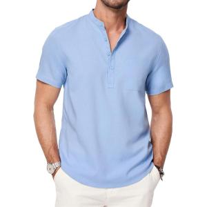 JMIERR Mens Short Sleeve Linen Henley Shirts Casual Button Down Shirt Summer Beach Wear with Pocket(Sky Blue)