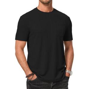 JMIERR Men’s Short Sleeve Shirts Casual Crewneck Pullover T-Shirt Stretch Textured Tee Shirts with Pocket(Black)