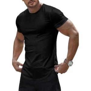 JMIERR Mens Short Sleeve T Shirt Summer Muscle Slim Fitted Crewneck Longline Tees Shirts for Gym Workout(0 Black)