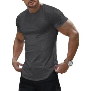 JMIERR Mens Short Sleeve T Shirt Summer Muscle Slim Fitted Crewneck Longline Tees Shirts for Gym Workout(A Dark Grey)
