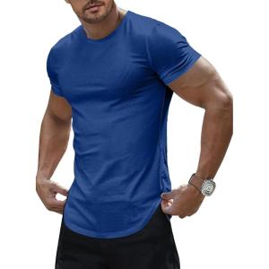 JMIERR Mens Short Sleeve T Shirt Summer Muscle Slim Fitted Crewneck Longline Tees Shirts for Gym Workout(C Blue 2)