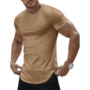 JMIERR Mens Short Sleeve T Shirt Summer Muscle Slim Fitted Crewneck Longline Tees Shirts for Gym Workout(E Brown)