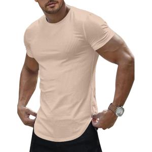 JMIERR Mens Short Sleeve T Shirt Summer Muscle Slim Fitted Crewneck Longline Tees Shirts for Gym Workout(F Beige)
