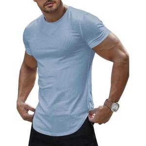 JMIERR Mens Short Sleeve T Shirt Summer Muscle Slim Fitted Crewneck Longline Tees Shirts for Gym Workout(F Blue)