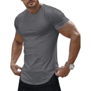 JMIERR Mens Short Sleeve T Shirt Summer Muscle Slim Fitted Crewneck Longline Tees Shirts for Gym Workout(F Grey)