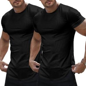 JMIERR Mens Short Sleeve T Shirt Summer Muscle Slim Fitted Crewneck Longline Tees Shirts for Gym Workout(Pack Black)