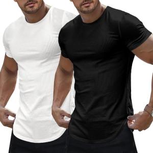 JMIERR Mens Short Sleeve T Shirt Summer Muscle Slim Fitted Crewneck Longline Tees Shirts for Gym Workout(Pack Black&white)