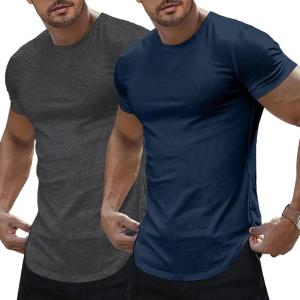 JMIERR Mens Short Sleeve T Shirt Summer Muscle Slim Fitted Crewneck Longline Tees Shirts for Gym Workout(Pack Blue&dark Grey)