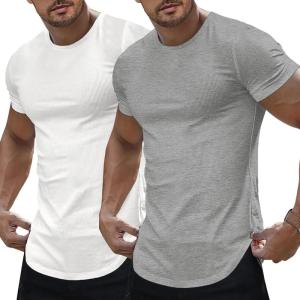 JMIERR Mens Short Sleeve T Shirt Summer Muscle Slim Fitted Crewneck Longline Tees Shirts for Gym Workout(Pack White&grey)