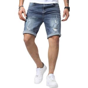 JMIERR Mens Shorts Casual Denim Stretch Slim Fit Washed Distressed Rolled Ripped Jean Shorts for Men(A Blue)