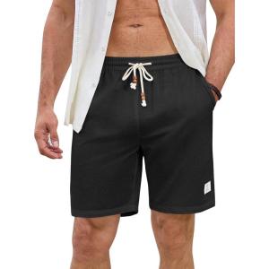 JMIERR Mens Shorts Linen Cotton 7″ Casual Elastic Waist Drawstring Lightweight Summer Beach Shorts with Pockets(A3 Black)