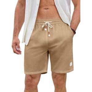 JMIERR Mens Shorts Linen Cotton 7″ Casual Elastic Waist Drawstring Lightweight Summer Beach Shorts with Pockets(A4 Dark Khaki)