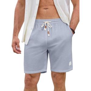 JMIERR Mens Shorts Linen Cotton 7″ Casual Elastic Waist Drawstring Lightweight Summer Beach Shorts with Pockets(Beau Blue)