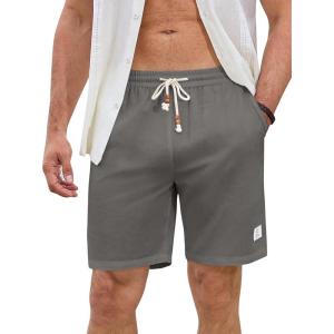JMIERR Mens Shorts Linen Cotton 7″ Casual Elastic Waist Drawstring Lightweight Summer Beach Shorts with Pockets(Grey)