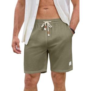 JMIERR Mens Shorts Linen Cotton 7″ Casual Elastic Waist Drawstring Lightweight Summer Beach Shorts with Pockets(Laurel Green)