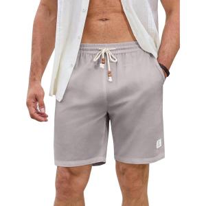 JMIERR Mens Shorts Linen Cotton 7″ Casual Elastic Waist Drawstring Lightweight Summer Beach Shorts with Pockets(Light Grey)