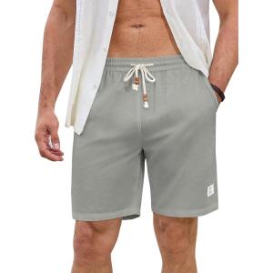 JMIERR Mens Shorts Linen Cotton 7″ Casual Elastic Waist Drawstring Lightweight Summer Beach Shorts with Pockets(Light Grey Medium)