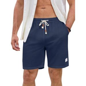 JMIERR Mens Shorts Linen Cotton 7″ Casual Elastic Waist Drawstring Lightweight Summer Beach Shorts with Pockets(Navy Blue)