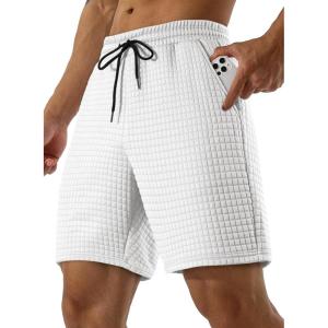 JMIERR Mens Sweat Shorts Casual Stretch Elastic Waist Waffle Workout Gym Short 7 inch Inseam Running Short with Pocket(A White)