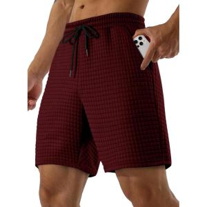 JMIERR Mens Sweat Shorts Casual Stretch Elastic Waist Waffle Workout Gym Short 7 inch Inseam Running Short with Pocket(Burgundy)