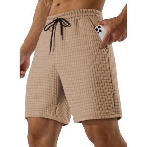 JMIERR Mens Sweat Shorts Casual Stretch Elastic Waist Waffle Workout Gym Short 7 inch Inseam Running Short with Pocket(Dark Khaki)