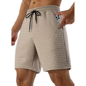 JMIERR Mens Sweat Shorts Casual Stretch Elastic Waist Waffle Workout Gym Short 7 inch Inseam Running Short with Pocket(Khaki)