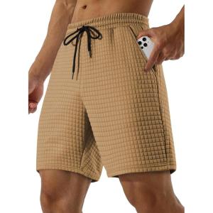 JMIERR Mens Sweat Shorts Casual Stretch Elastic Waist Waffle Workout Gym Short 7 inch Inseam Running Short with Pocket(Light French Beige)