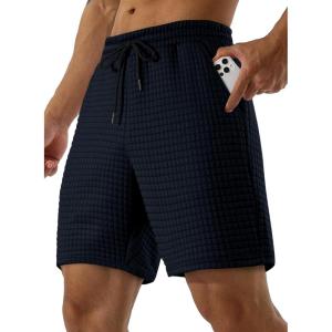JMIERR Mens Sweat Shorts Casual Stretch Elastic Waist Waffle Workout Gym Short 7 inch Inseam Running Short with Pocket(Navy Blue)