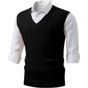 JMIERR Men’s Sweater Vests Causal Sleeveless Cable Striped Knit V Neck Pullover(Black)