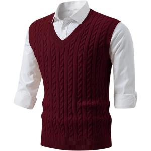 JMIERR Men’s Sweater Vests Causal Sleeveless Cable Striped Knit V Neck Pullover(Burgundy)